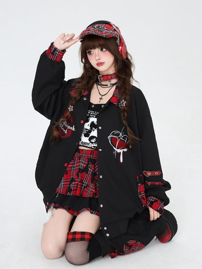Crazy Girl Punk Plaid Chain Distressed Pleated Women&