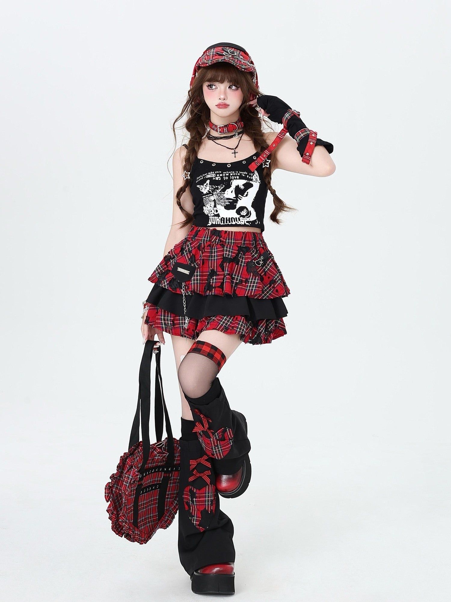 Crazy Girl Punk Plaid Chain Distressed Pleated Women&