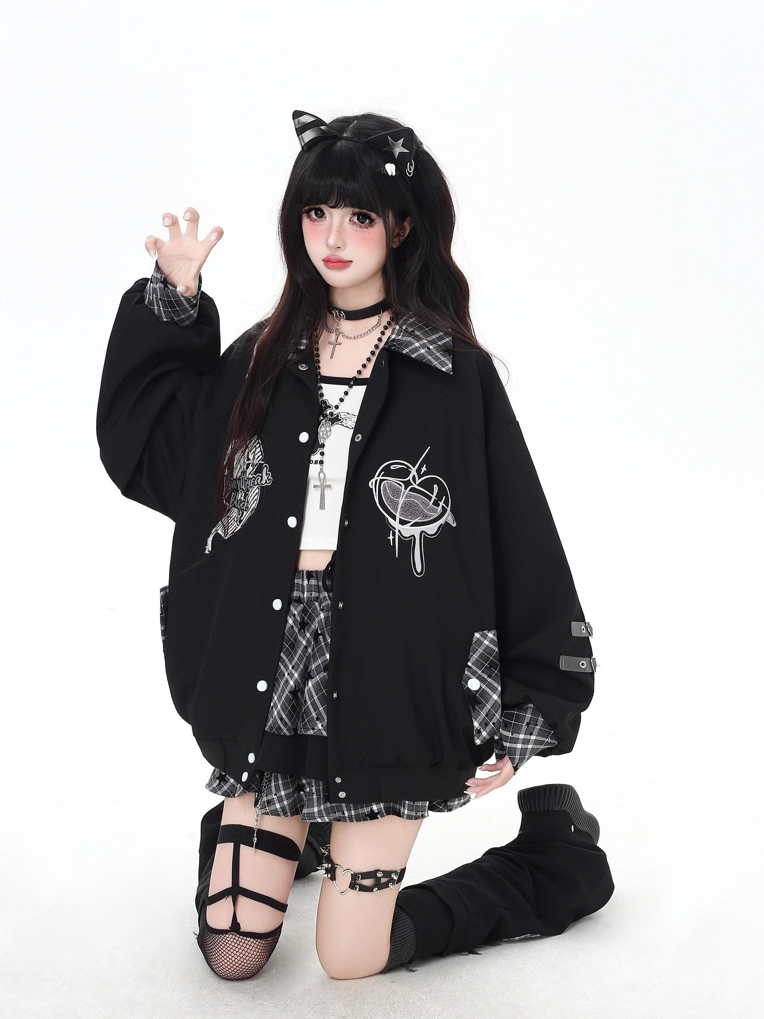 Crazy Girl Punk Plaid Chain Distressed Pleated Women&