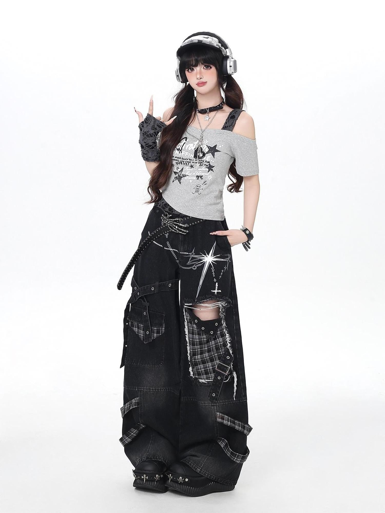 Crazy Girl Punk Street Distressed Ripped High Waist Plaid Women&