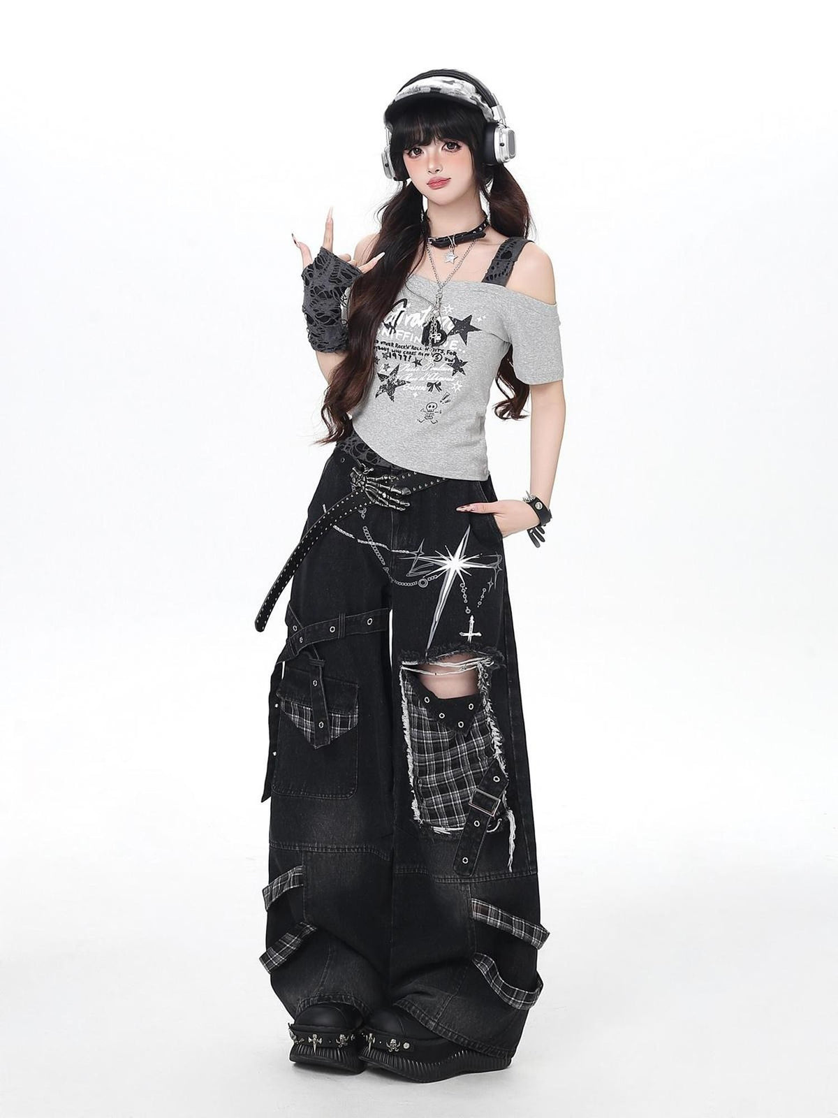 Crazy Girl Punk Street Distressed Ripped High Waist Plaid Women&