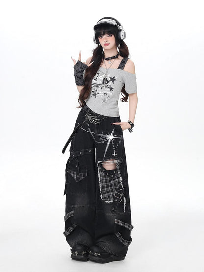 Crazy Girl Punk Street Distressed Ripped High Waist Plaid Women&