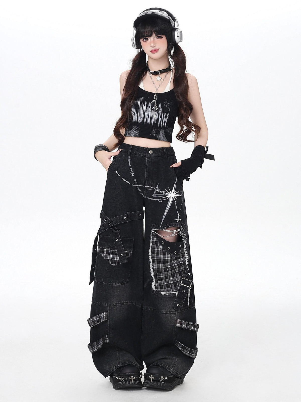Crazy Girl Punk Street Distressed Ripped High Waist Plaid Women&