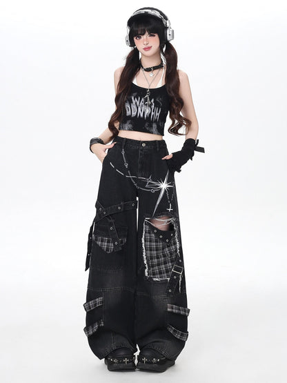 Crazy Girl Punk Street Distressed Ripped High Waist Plaid Women&