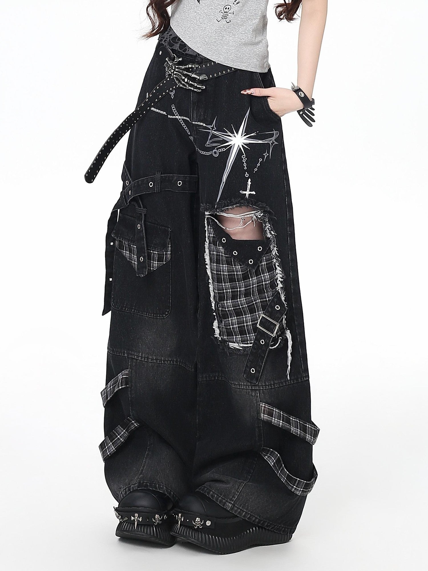 Crazy Girl Punk Street Distressed Ripped High Waist Plaid Women&