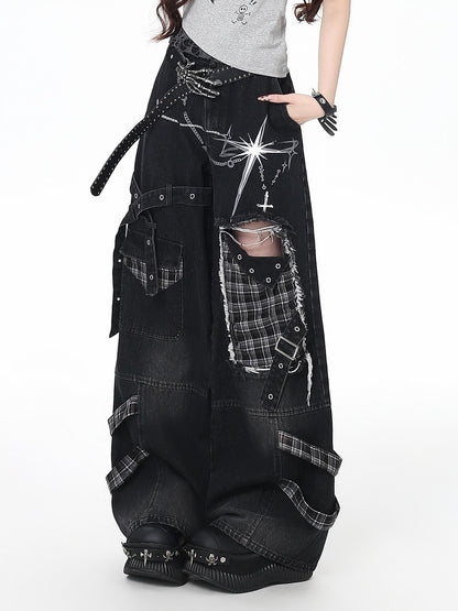 Crazy Girl Punk Street Distressed Ripped High Waist Plaid Women&