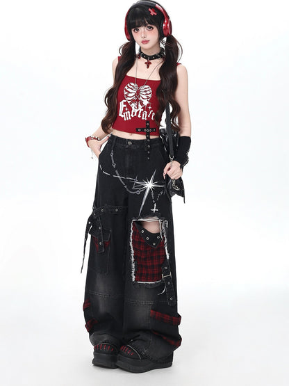 Crazy Girl Punk Street Distressed Ripped High Waist Plaid Women&
