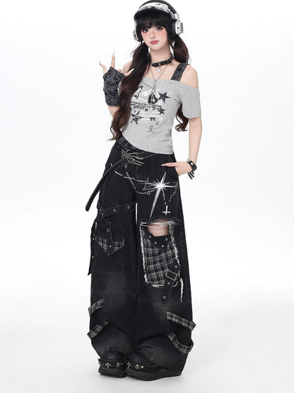 Crazy Girl Punk Street Distressed Ripped High Waist Plaid Women&