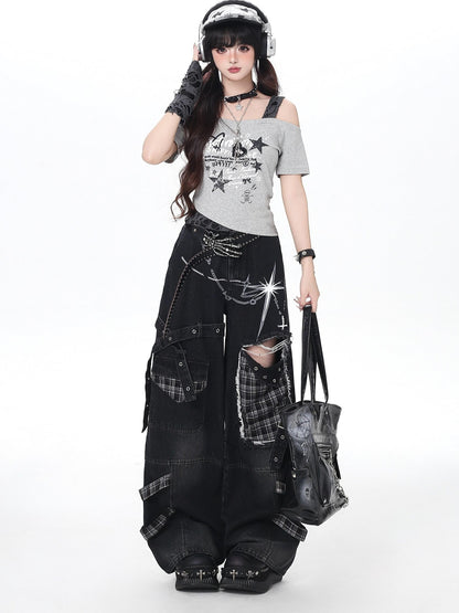 Crazy Girl Punk Street Distressed Ripped High Waist Plaid Women&
