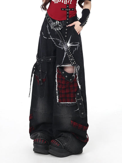 Crazy Girl Punk Street Distressed Ripped High Waist Plaid Women&