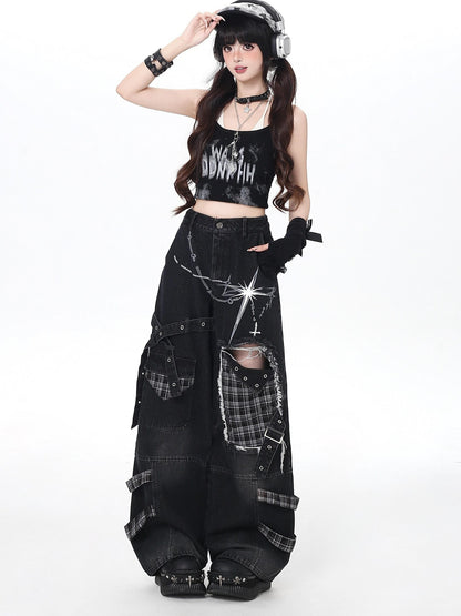 Crazy Girl Punk Street Distressed Ripped High Waist Plaid Women&