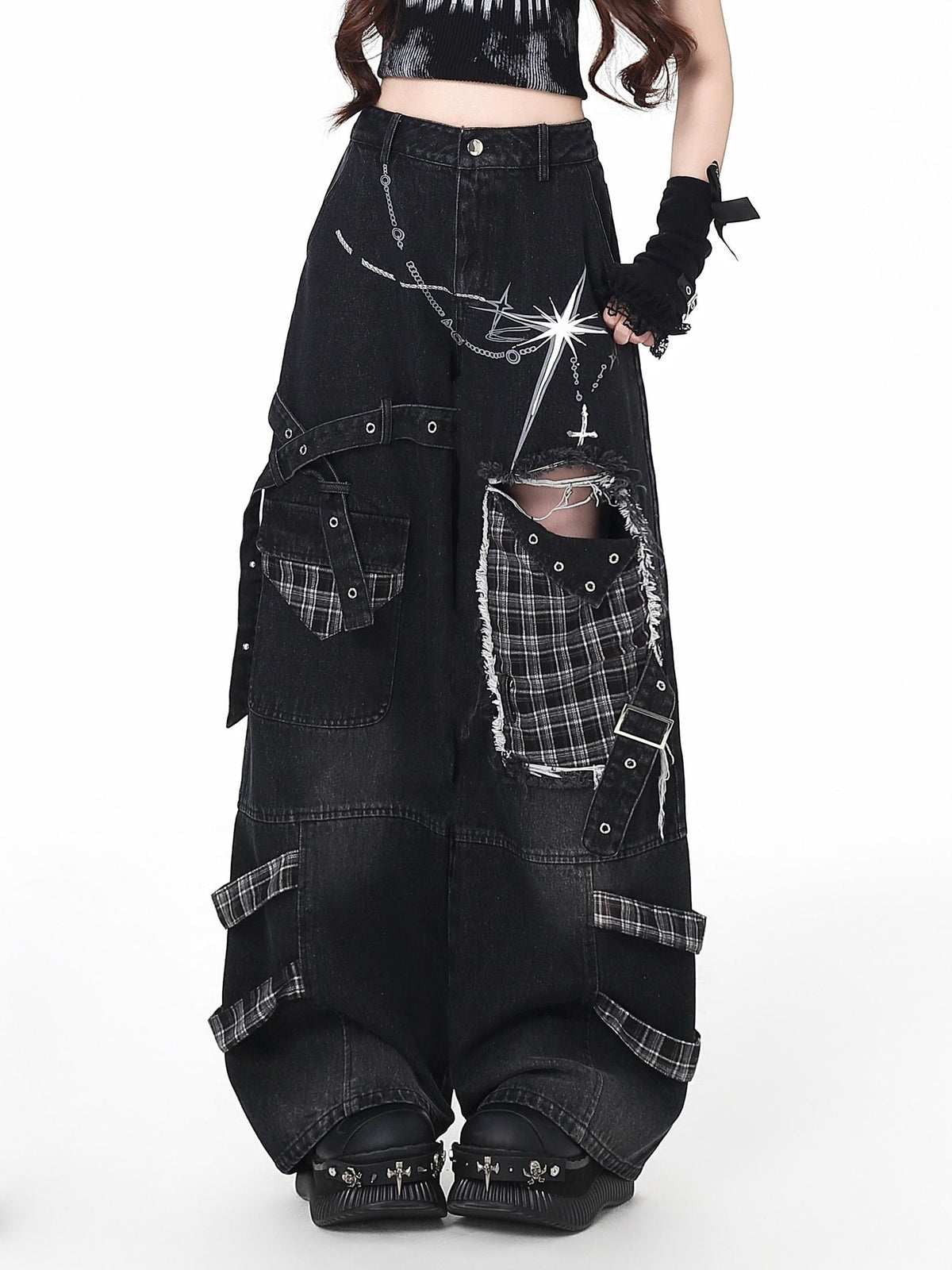 Crazy Girl Punk Street Distressed Ripped High Waist Plaid Women&