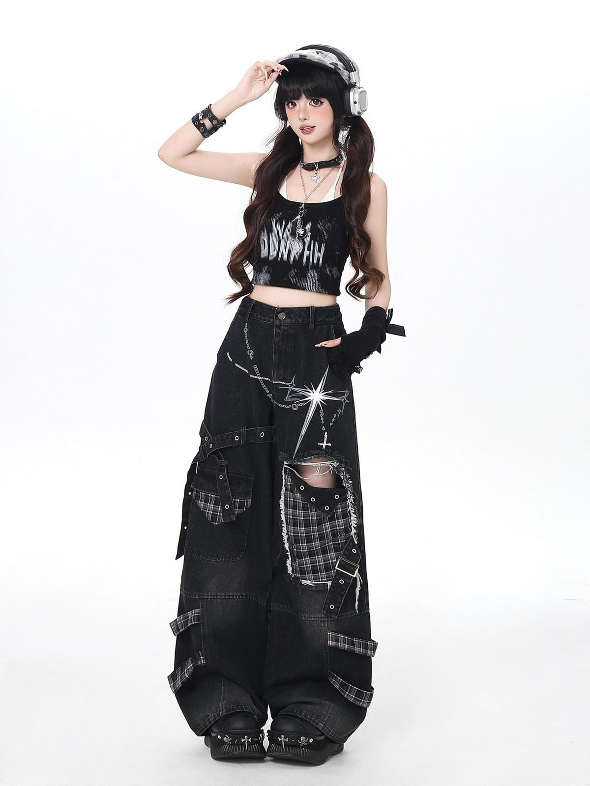 Crazy Girl Punk Street Distressed Ripped High Waist Plaid Women&