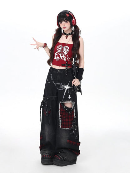Crazy Girl Punk Street Distressed Ripped High Waist Plaid Women&