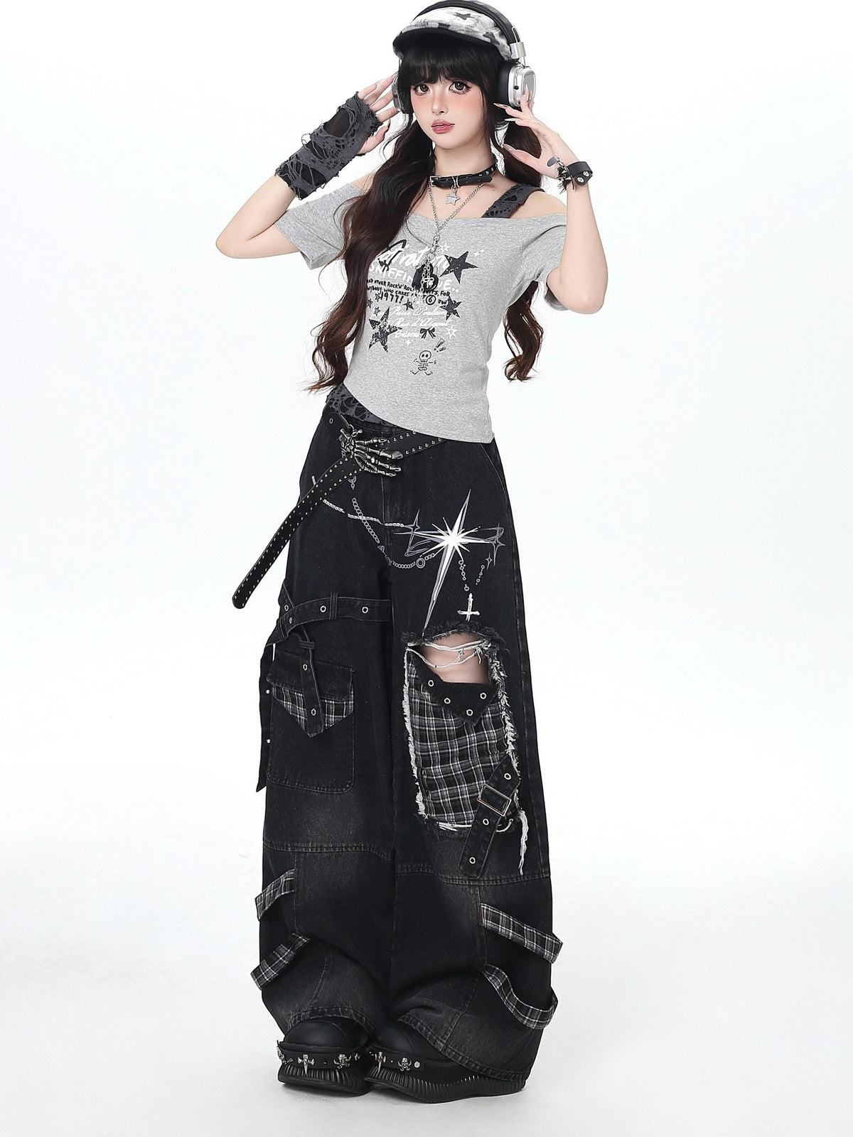Crazy Girl Punk Street Distressed Ripped High Waist Plaid Women&