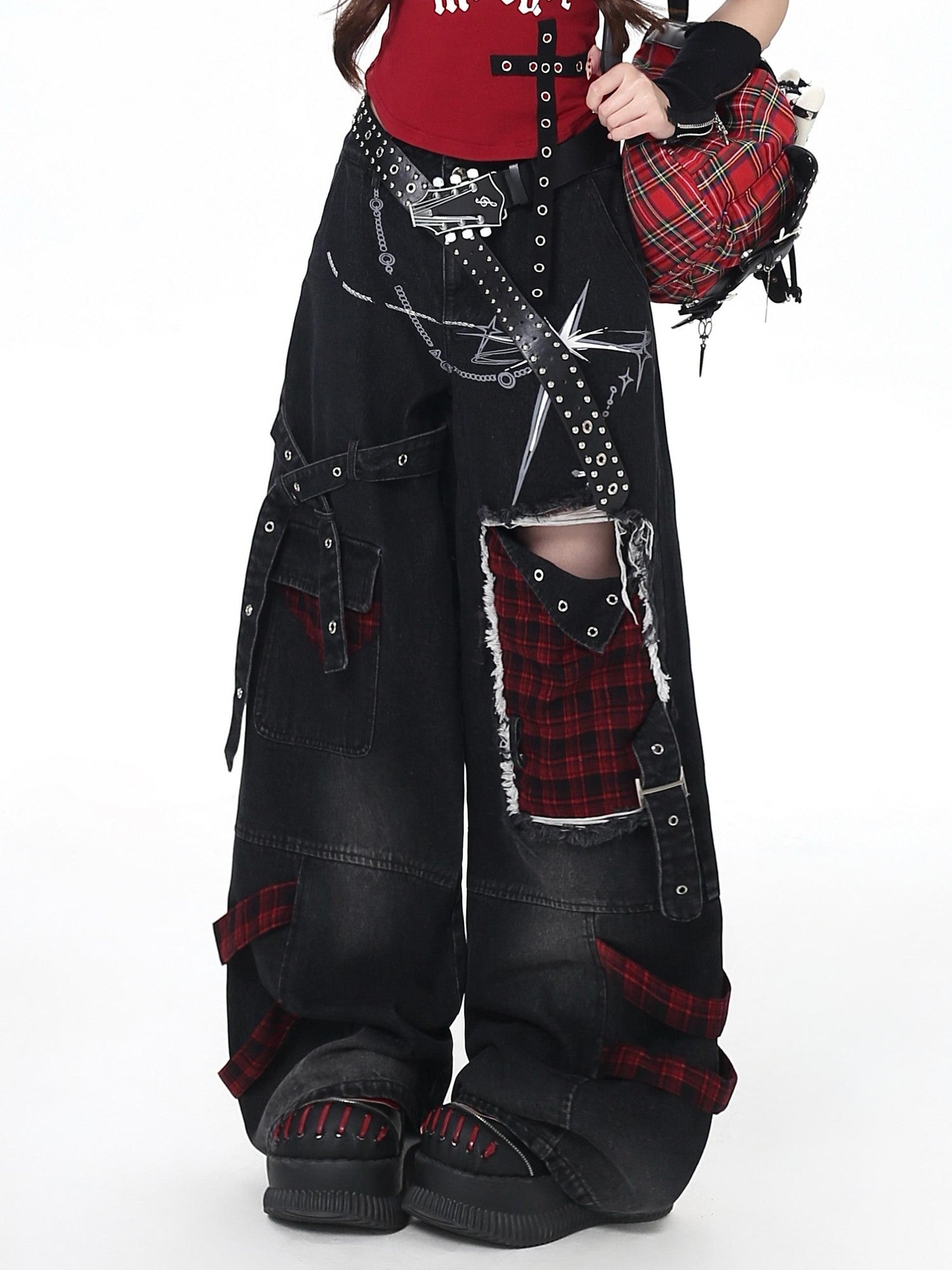 Crazy Girl Punk Street Distressed Ripped High Waist Plaid Women&