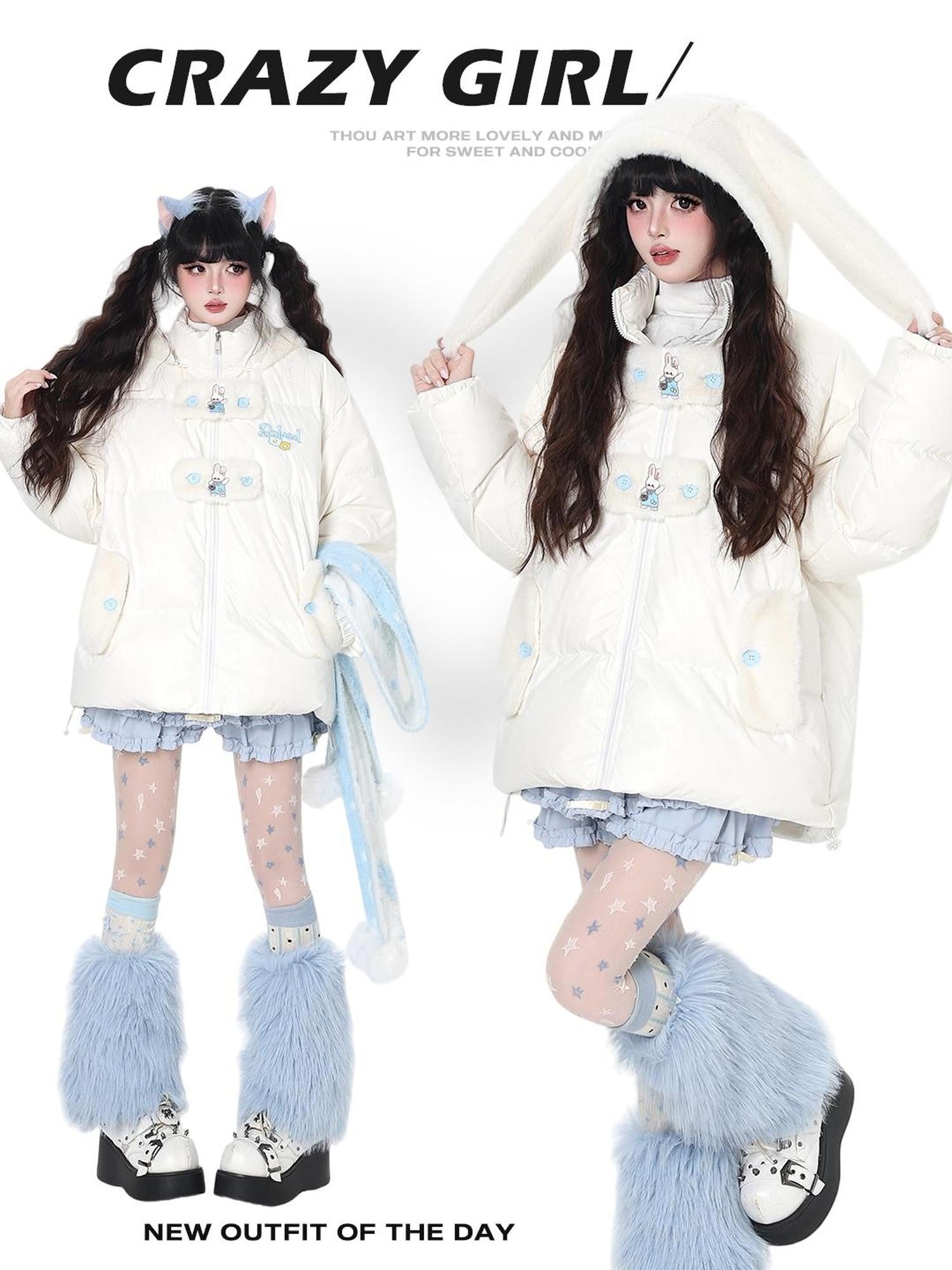 Crazy Girl Rabbit Ear Hood Embroidered Loose Women&