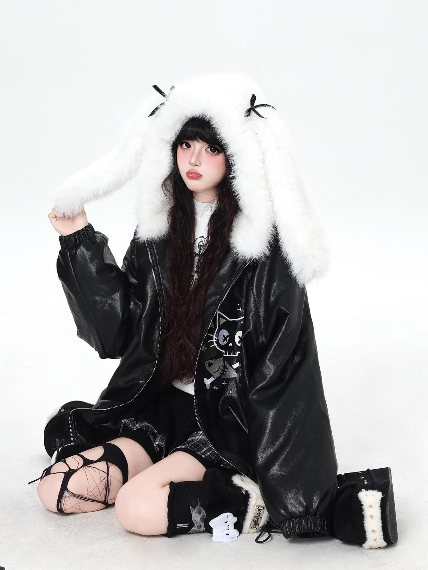Crazy Girl Rabbit Ear Hooded Heavily Embellished Padded Women&