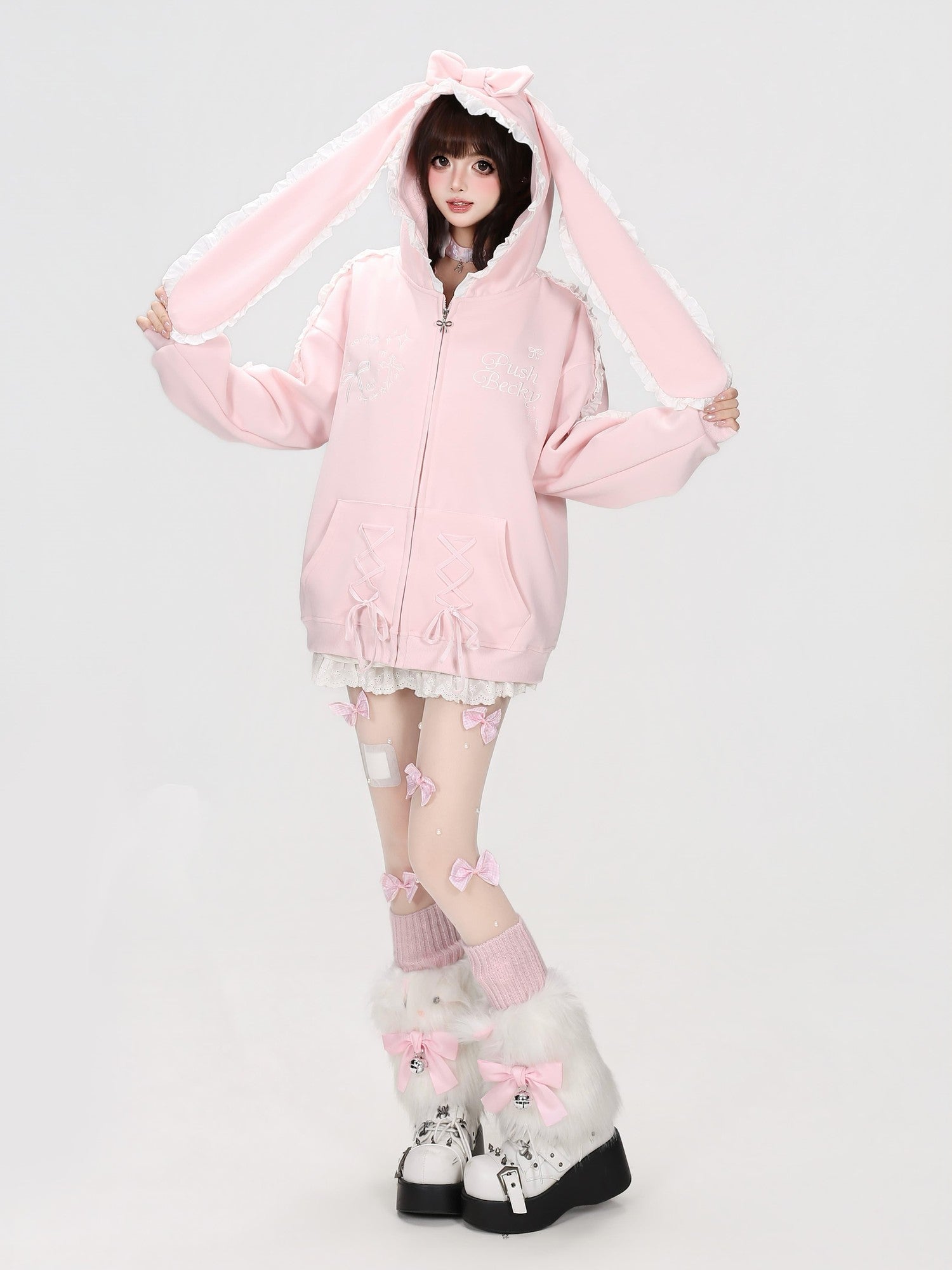 Crazy Girl Rabbit Ear Lace Bow Tie Relaxed Casual Women&