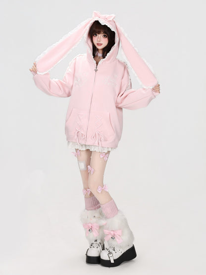 Crazy Girl Rabbit Ear Lace Bow Tie Relaxed Casual Women&