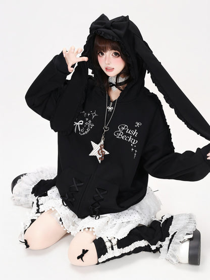 Crazy Girl Rabbit Ear Lace Bow Tie Relaxed Casual Women&