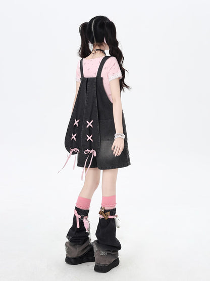 Crazy Girl Rabbit Ear Tie Embroidered Suspender High Waist Women&