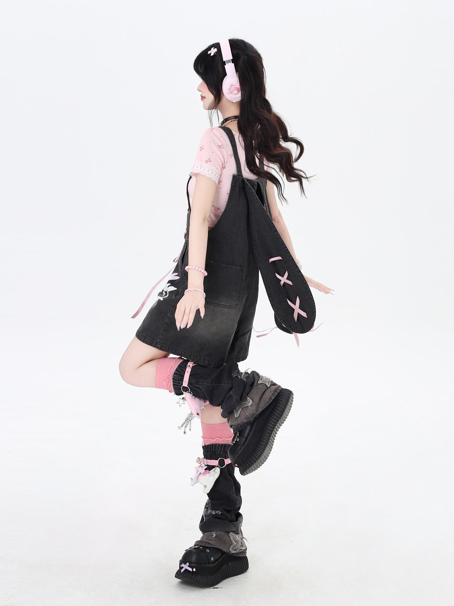 Crazy Girl Rabbit Ear Tie Embroidered Suspender High Waist Women&