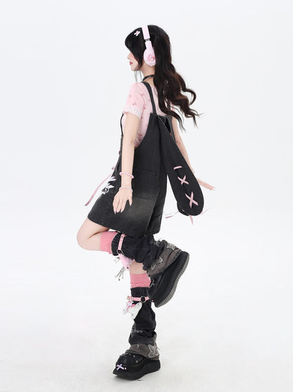 Crazy Girl Rabbit Ear Tie Embroidered Suspender High Waist Women&
