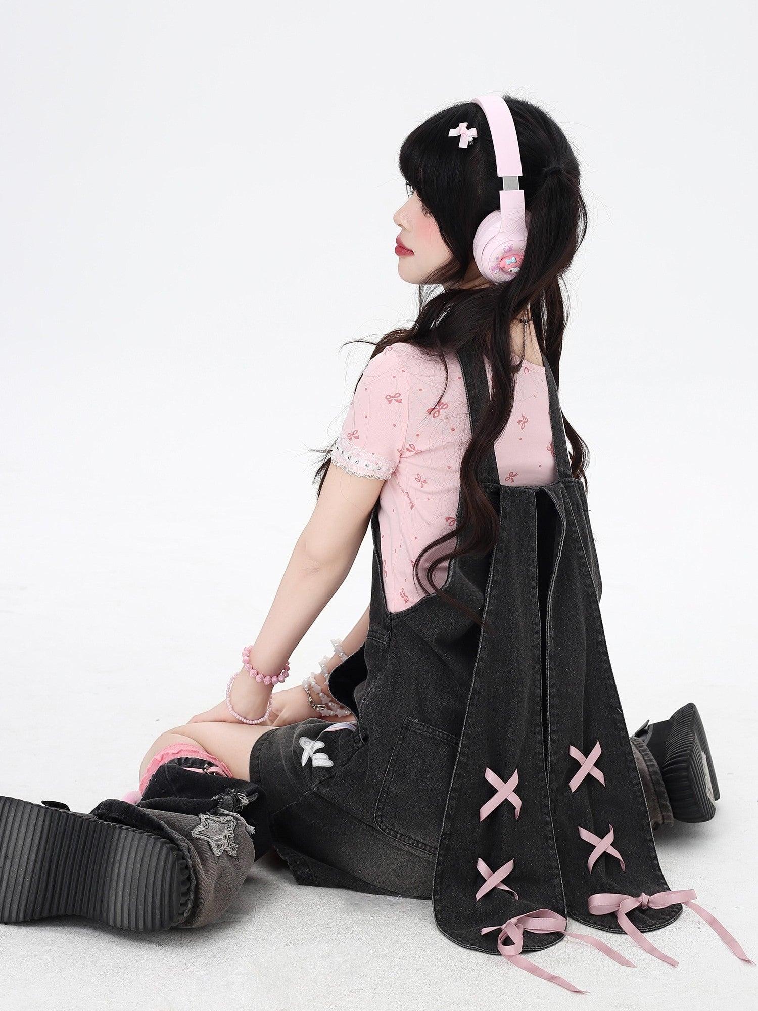 Crazy Girl Rabbit Ear Tie Embroidered Suspender High Waist Women&