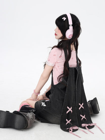 Crazy Girl Rabbit Ear Tie Embroidered Suspender High Waist Women&