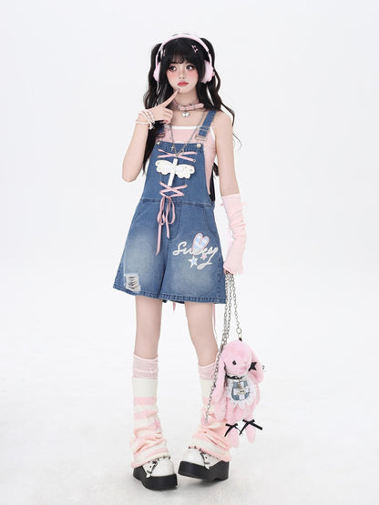 Crazy Girl Rabbit Ear Tie Embroidered Suspender High Waist Women&