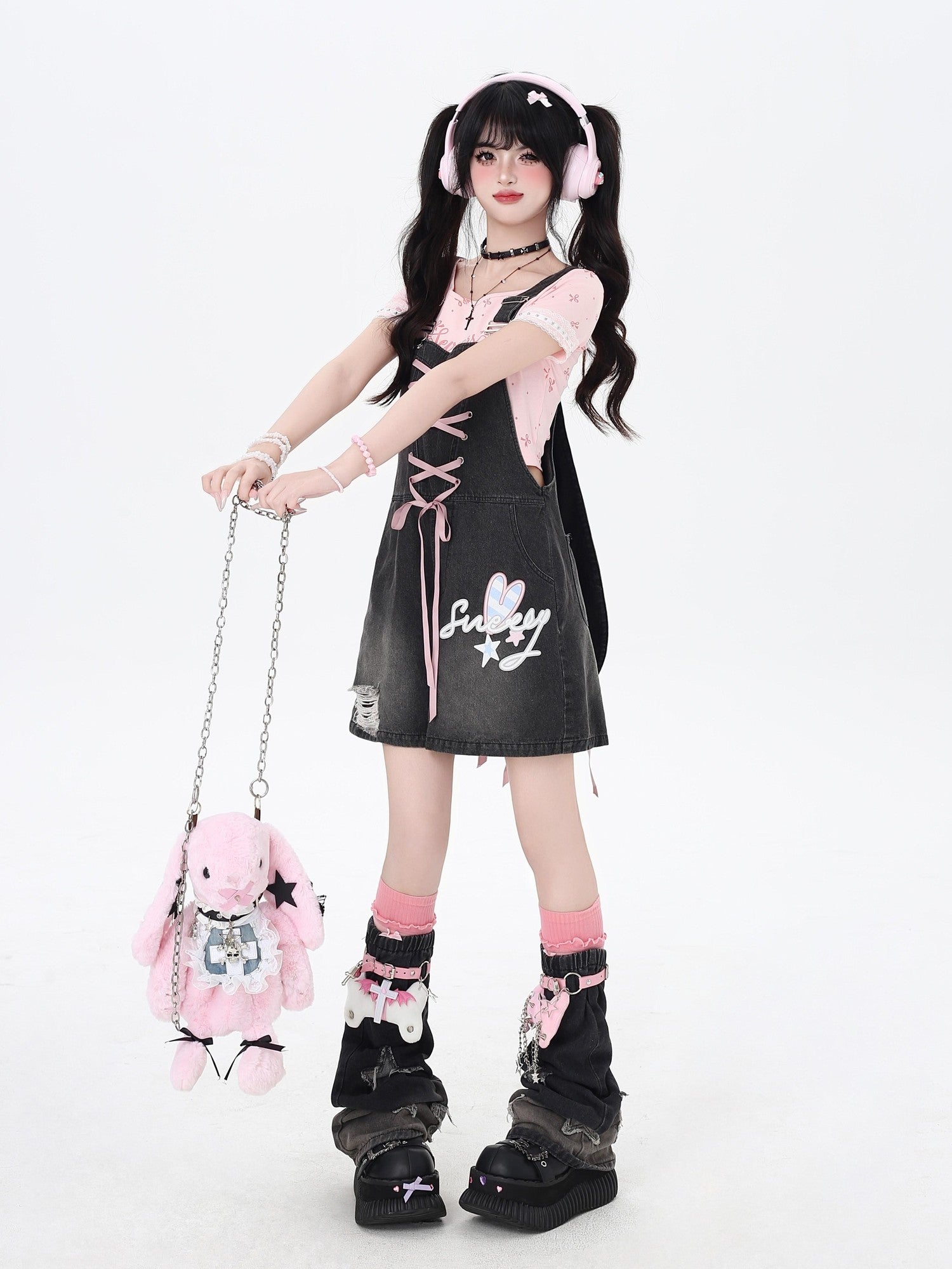 Crazy Girl Rabbit Ear Tie Embroidered Suspender High Waist Women&