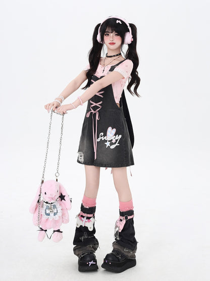 Crazy Girl Rabbit Ear Tie Embroidered Suspender High Waist Women&