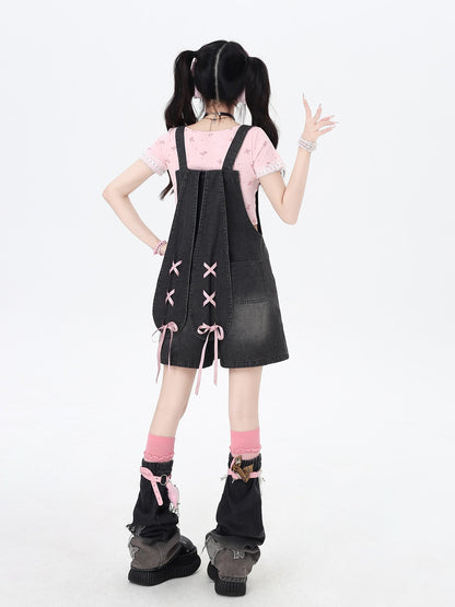 Crazy Girl Rabbit Ear Tie Embroidered Suspender High Waist Women&