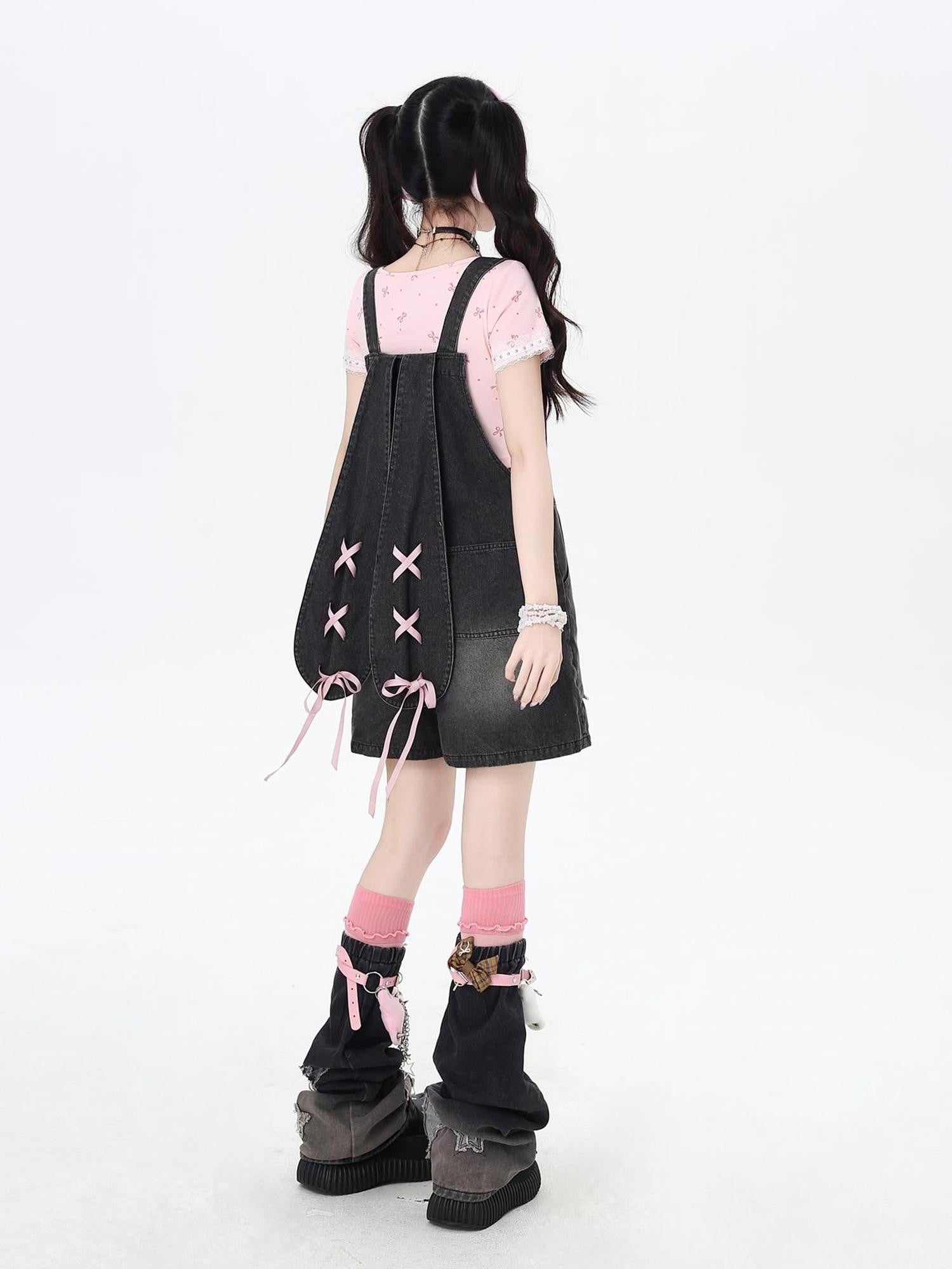 Crazy Girl Rabbit Ear Tie Embroidered Suspender High Waist Women&