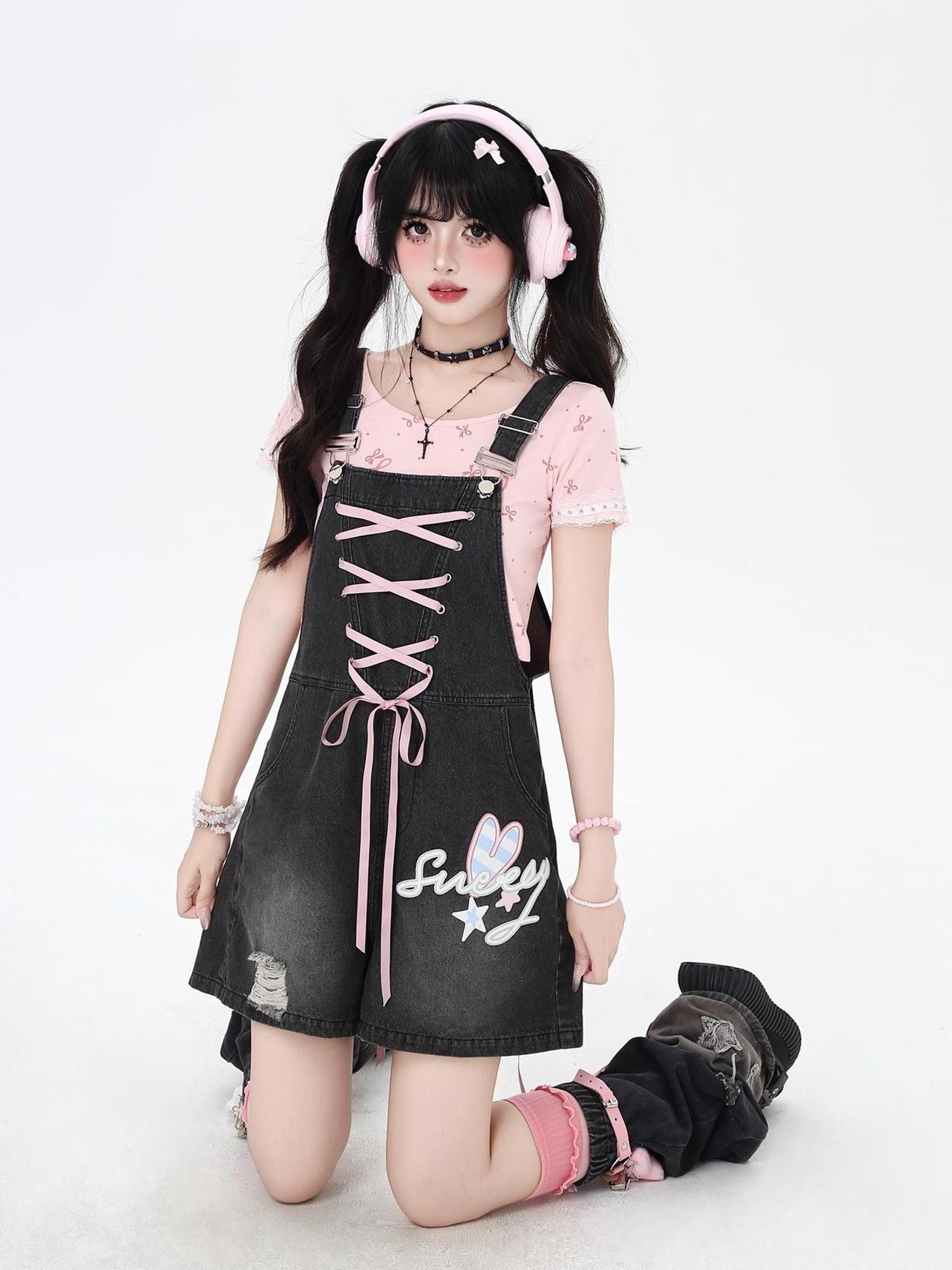 Crazy Girl Rabbit Ear Tie Embroidered Suspender High Waist Women&