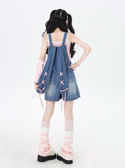 Crazy Girl Rabbit Ear Tie Embroidered Suspender High Waist Women&