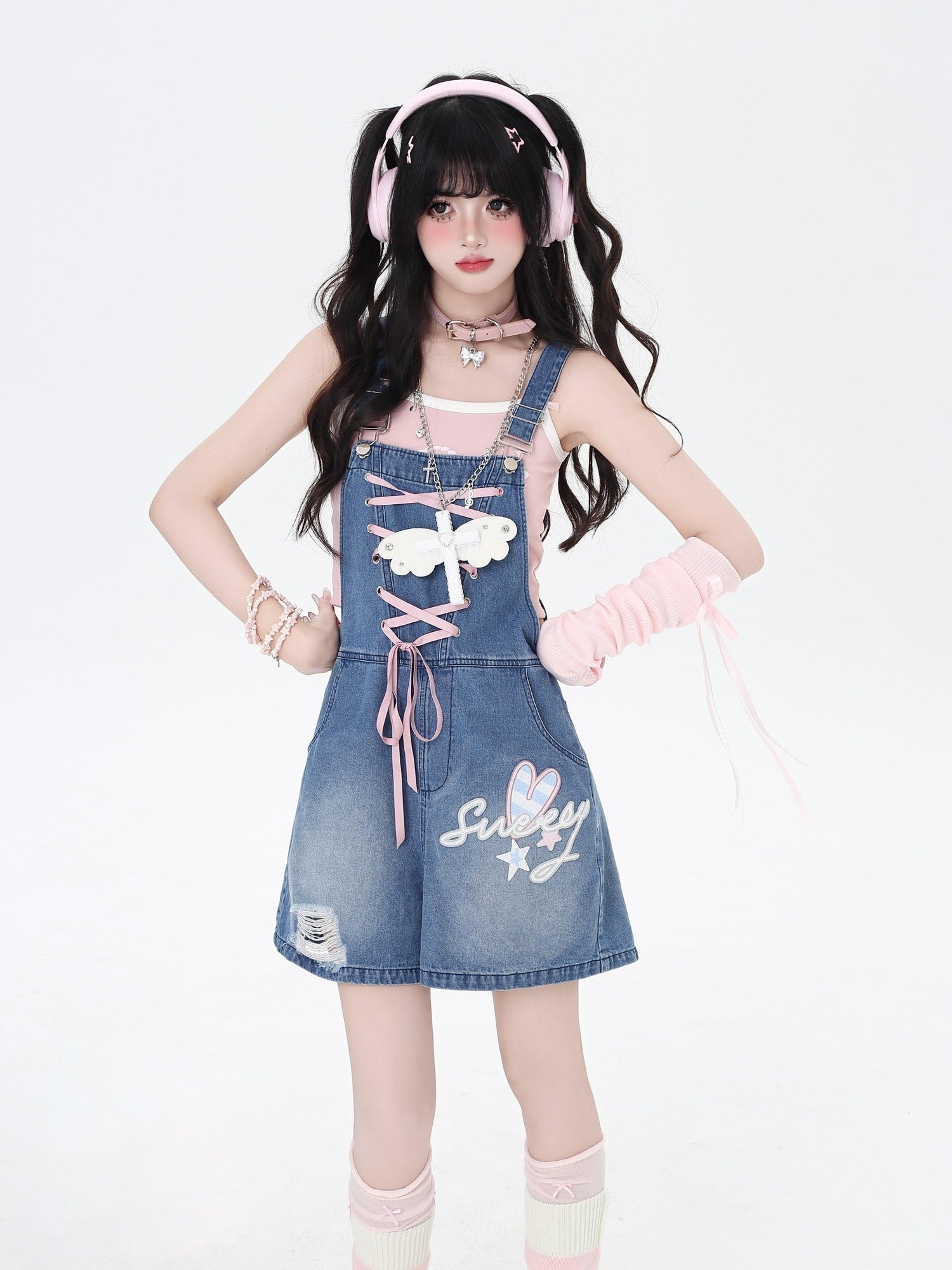 Crazy Girl Rabbit Ear Tie Embroidered Suspender High Waist Women&