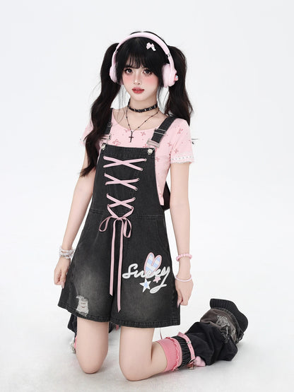 Crazy Girl Rabbit Ear Tie Embroidered Suspender High Waist Women&