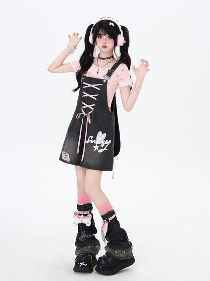 Crazy Girl Rabbit Ear Tie Embroidered Suspender High Waist Women&
