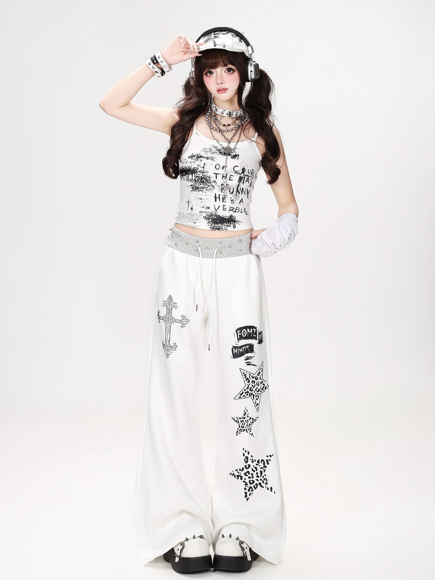 Crazy Girl Retro Leopard Star Print Studded Waist High Waist Women&