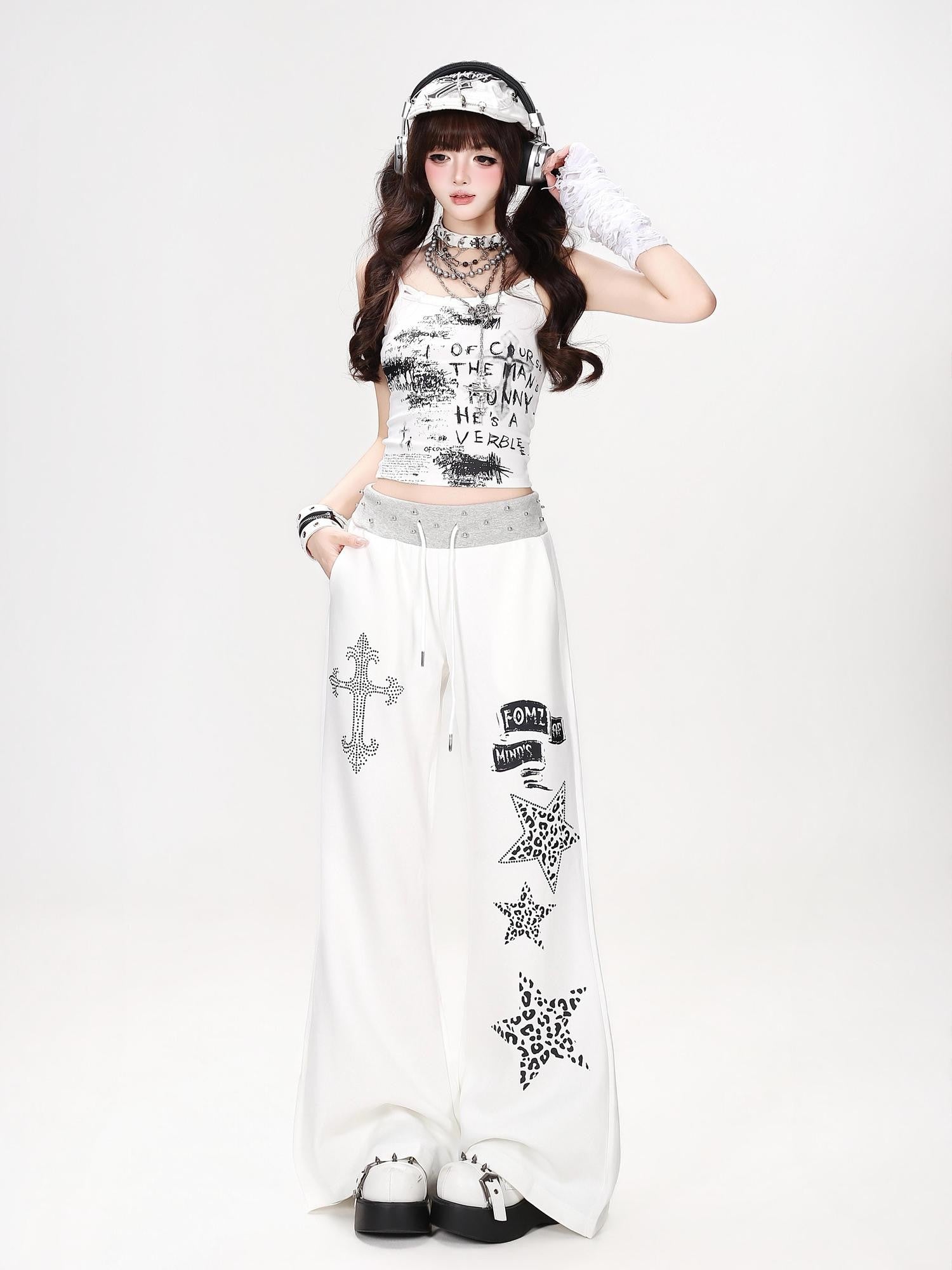 Crazy Girl Retro Leopard Star Print Studded Waist High Waist Women&