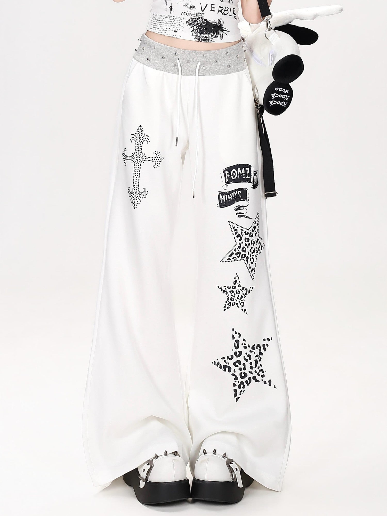 Crazy Girl Retro Leopard Star Print Studded Waist High Waist Women&