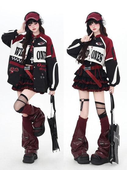 Crazy Girl Retro Patchwork Biker Stand Collar Zipper Women&