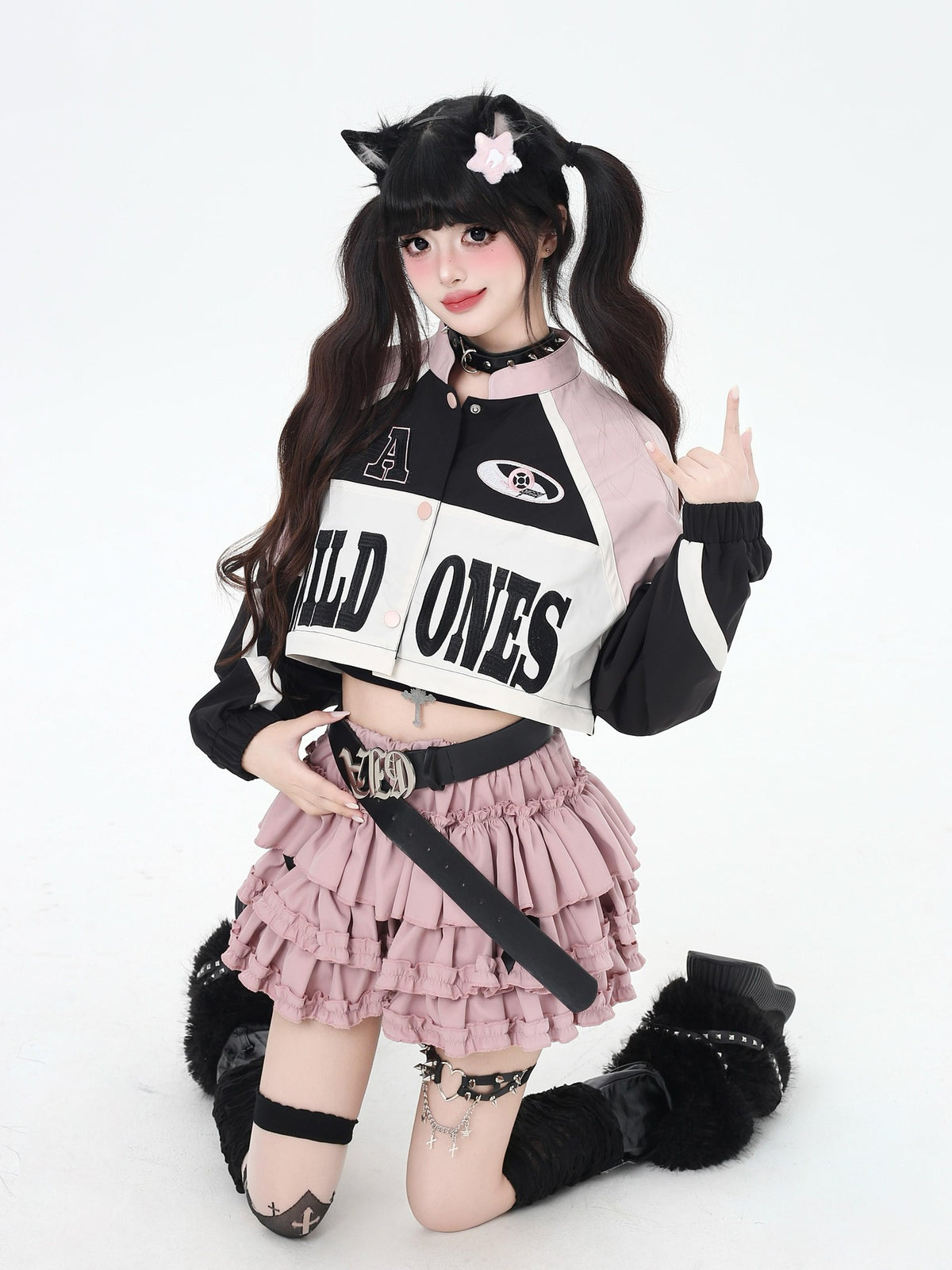 Crazy Girl Retro Patchwork Biker Stand Collar Zipper Women&