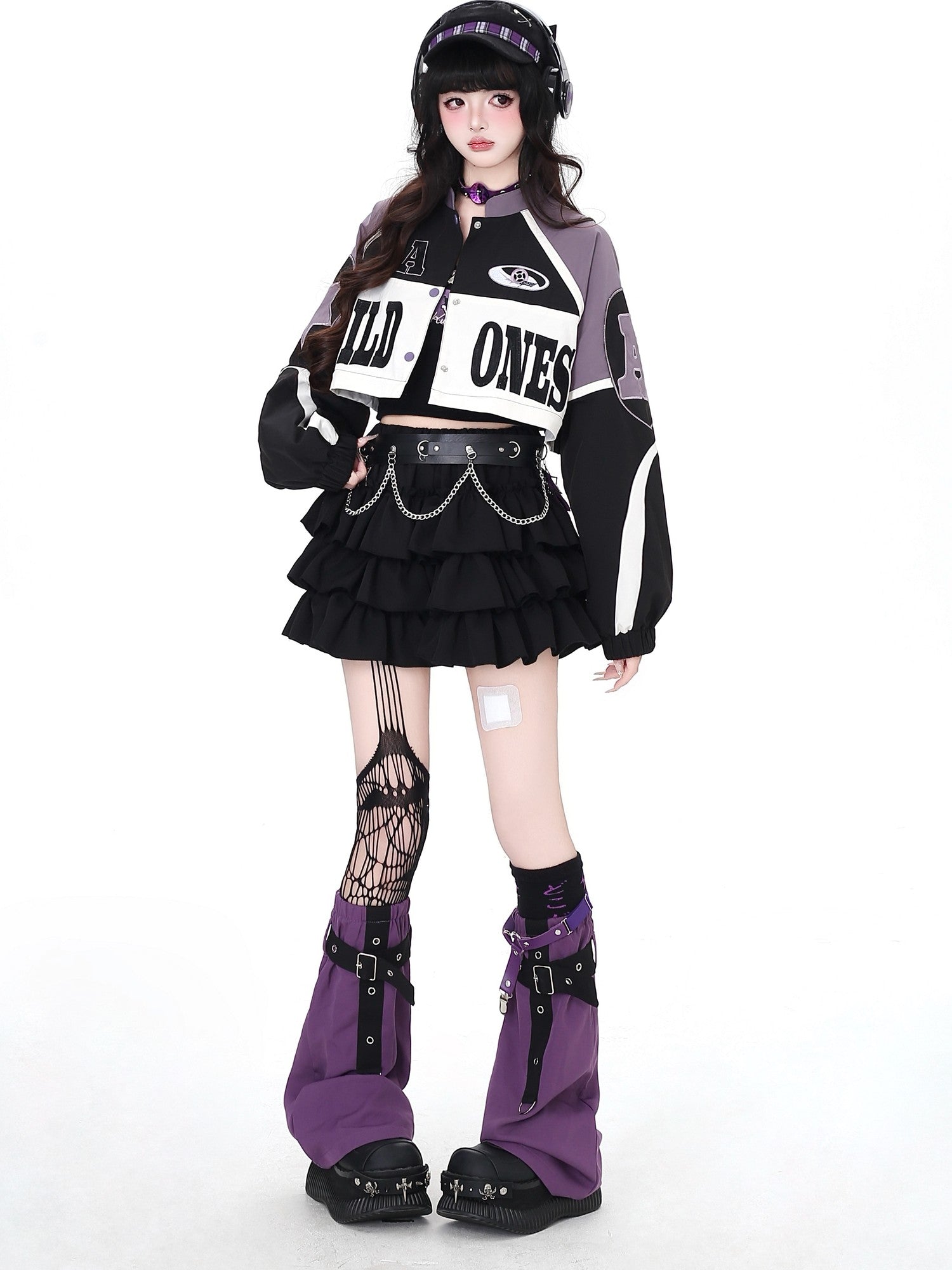 Crazy Girl Retro Patchwork Biker Stand Collar Zipper Women&