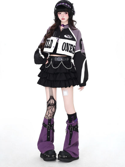 Crazy Girl Retro Patchwork Biker Stand Collar Zipper Women&