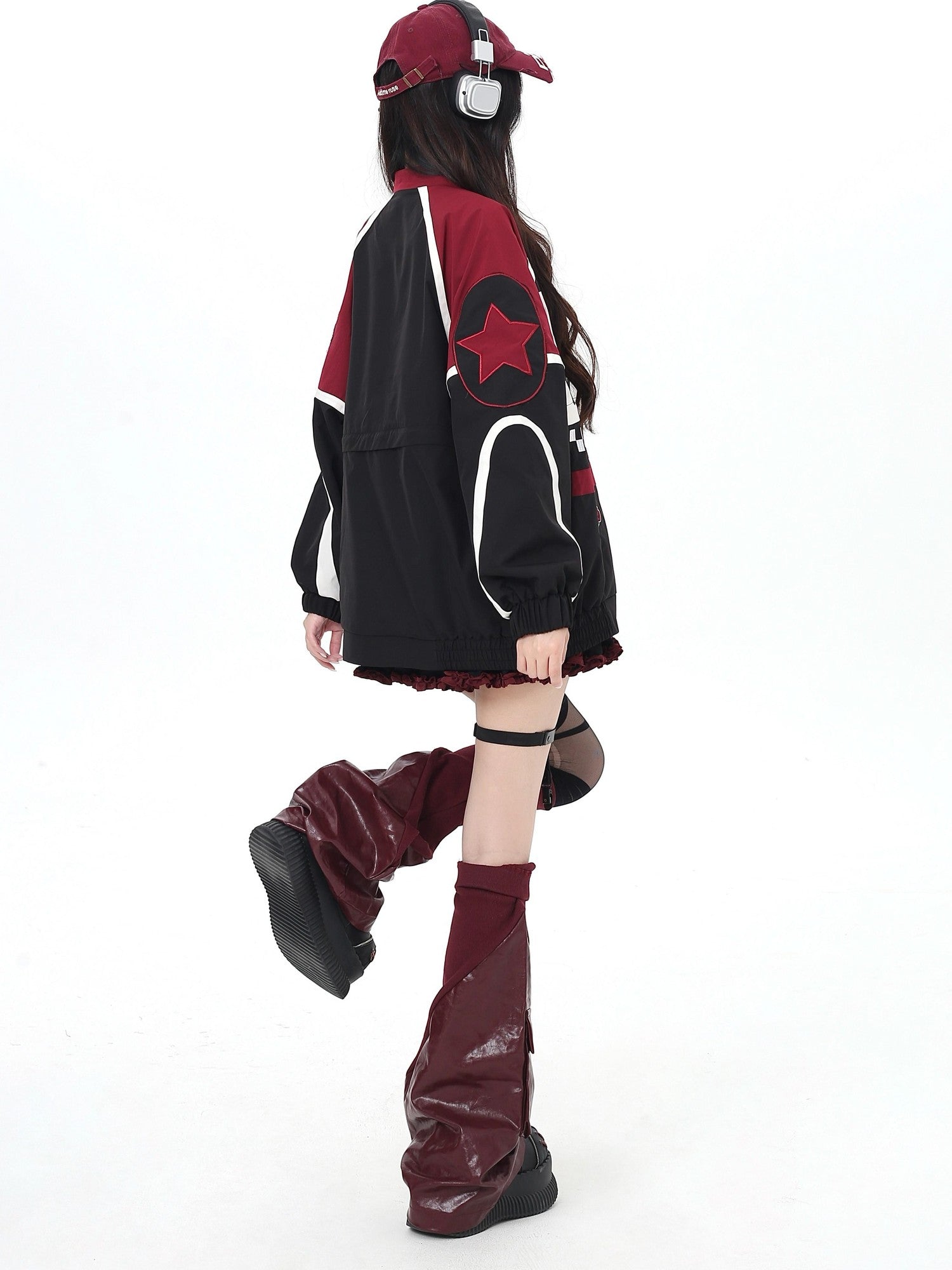 Crazy Girl Retro Patchwork Biker Stand Collar Zipper Women&