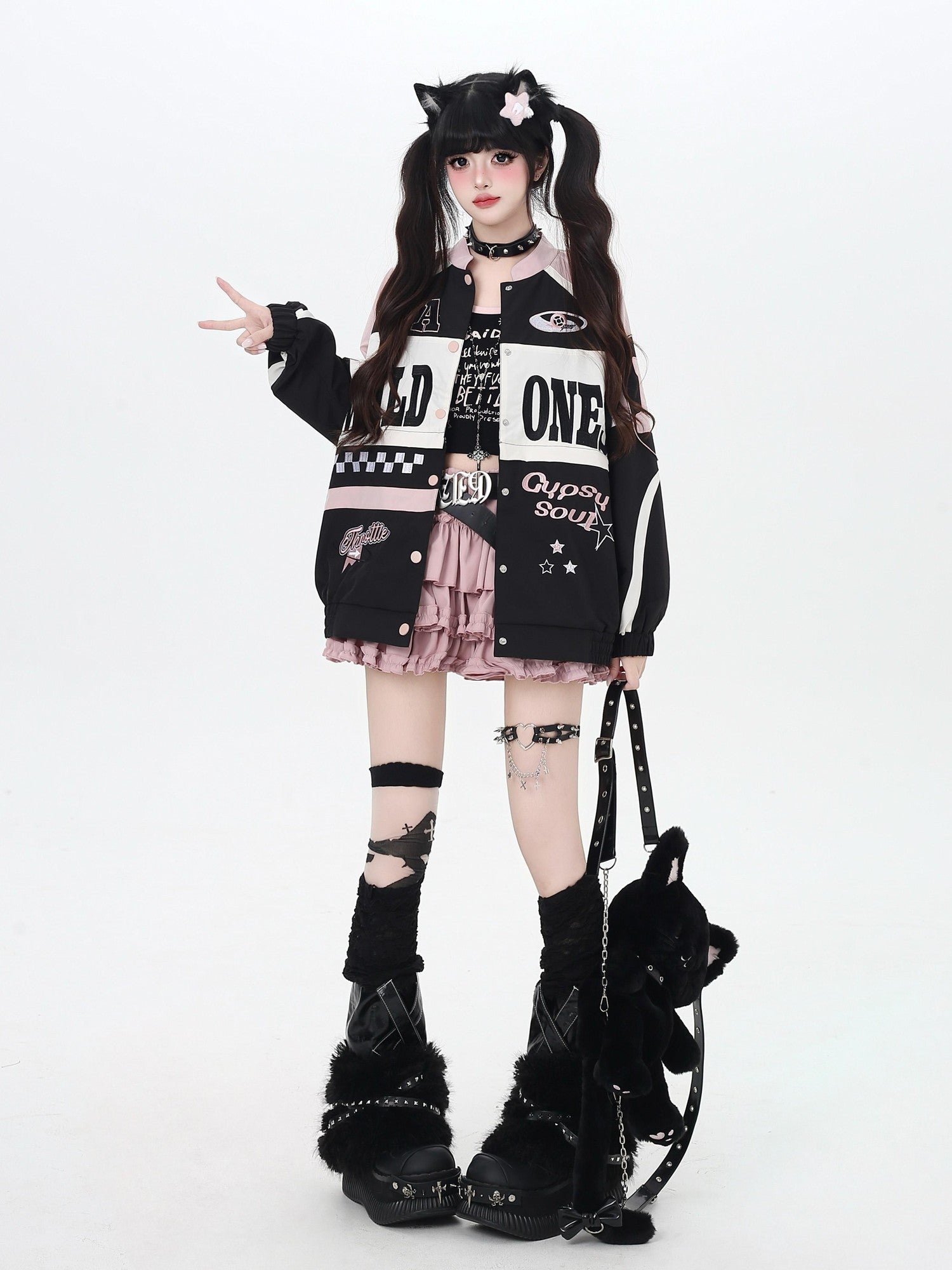 Crazy Girl Retro Patchwork Biker Stand Collar Zipper Women&