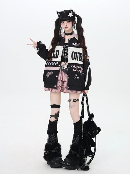 Crazy Girl Retro Patchwork Biker Stand Collar Zipper Women&